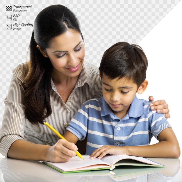 PSD mother helping son with homework on transparent background