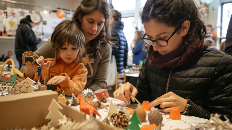 PSD a mother and her son are making christmas crafts at a workshop with other children