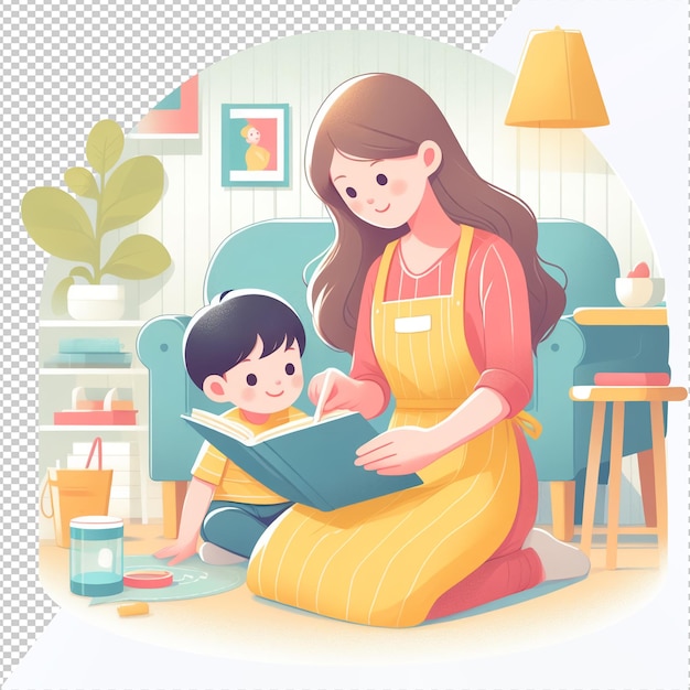 母親が子供に本を読ませている ⁇ 