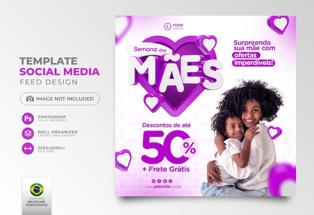 Mother's week sale post social media in 3d render for marketing campaign in Brazilian Portuguese