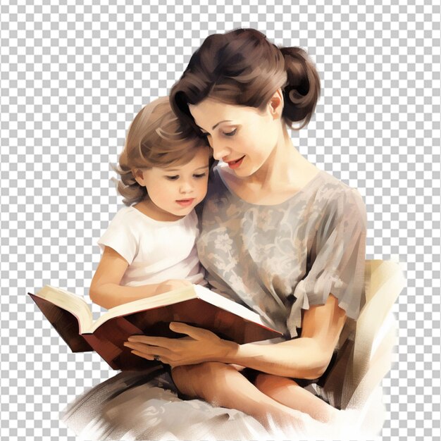 PSD a mother teaching her baby books on white background