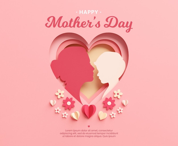 Mother39s day card template with mom and son silhouettes inside a heart and flowers background