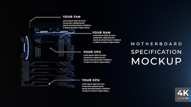 PSD render 3d delle infografiche delle specifiche della scheda madre