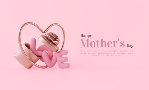 День матери 3d-рендеринг с подарочной коробкой и красивой любовью