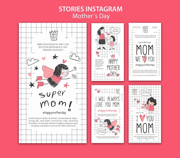 PSD modello di progettazione di storie di instagram doodle per la festa della mamma