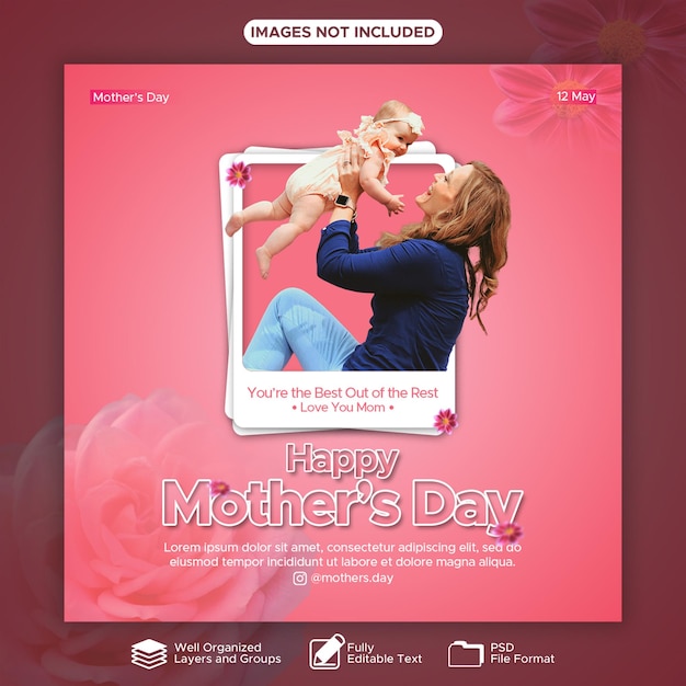 PSD mothers day greeting card design template with pink color theme simple cute and modern style