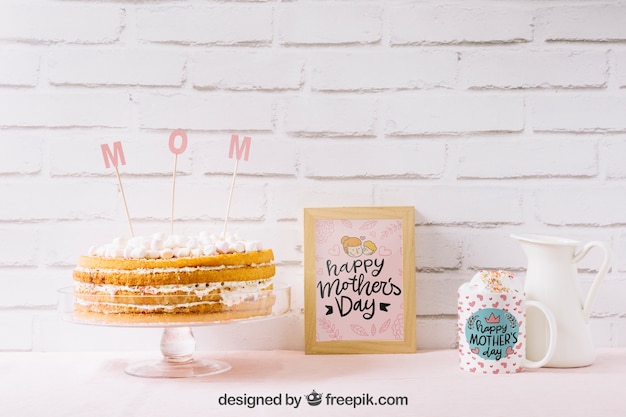 PSD mockup di giorno di madri con torta e cornice