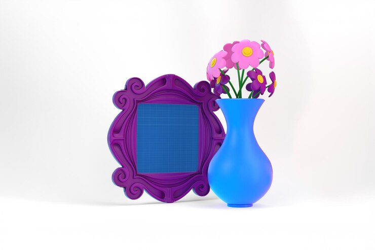 PSD mothers day mockup with purple frame with a blue vase filled with pink flowers