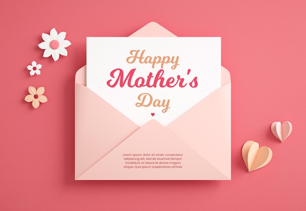 Mothers day postcard with lettering inside an open envelope hearts and flowers in paper cut style