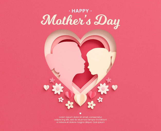 PSD mothers day postcard with mom and daughter silhouettes inside a heart and flowers background