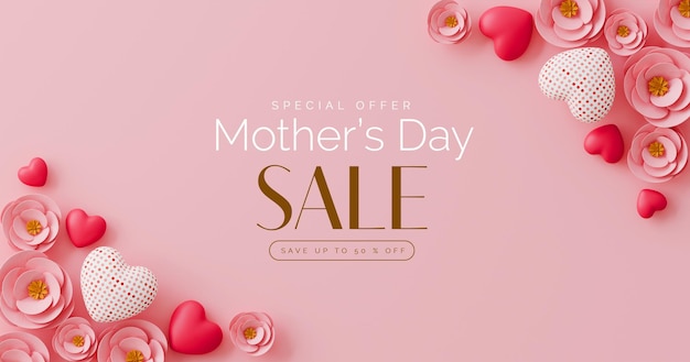 PSD mothers day sale banner a pink background with hearts and the words mothers day sale