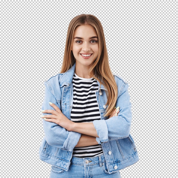 Motivated happy and selfassured young woman with blond hair cross arms and smiling at camera assertive ready to go towards dreams standing on white wall