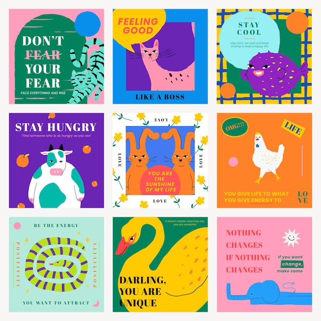 PSD motivational quote template psd for social media post with cute animal illustration set