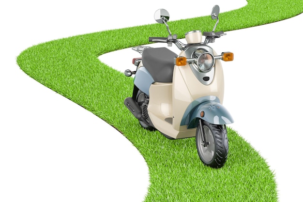 PSD motor scooter bromfiets op groene gras weg 3d rendering geïsoleerd op transparante achtergrond