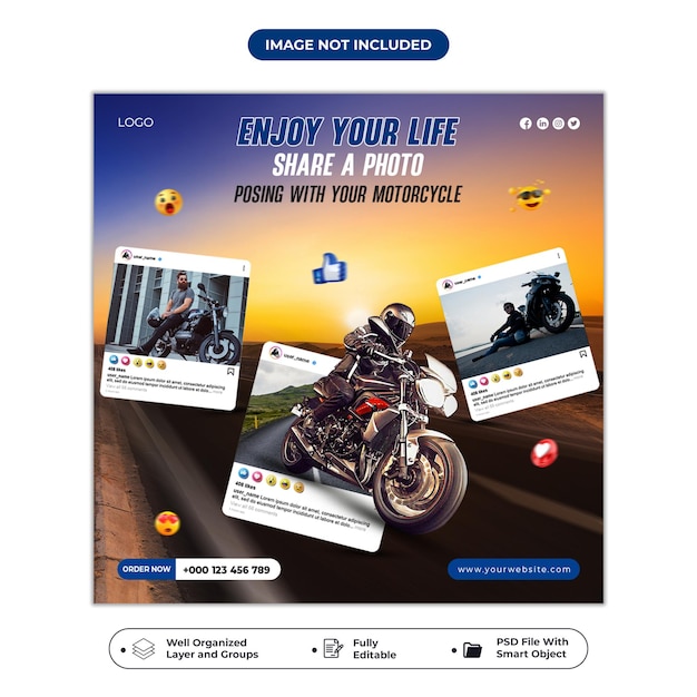 Motorcycle creative instagram post and social media banner design or square flyer template