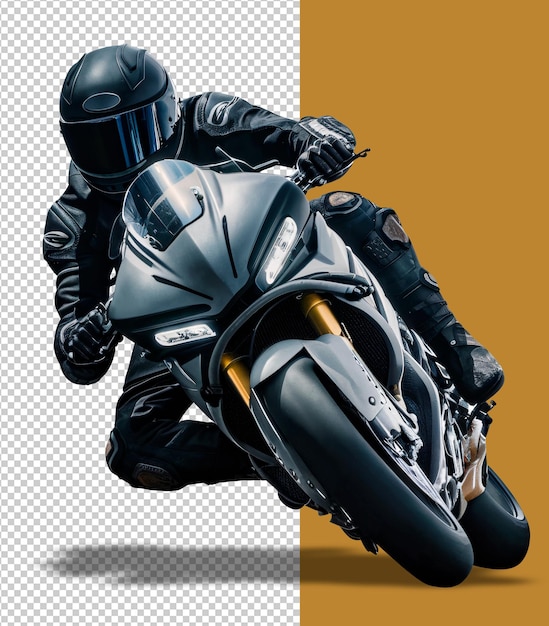 motorcyclist riding a black sport bike on an isolated white background