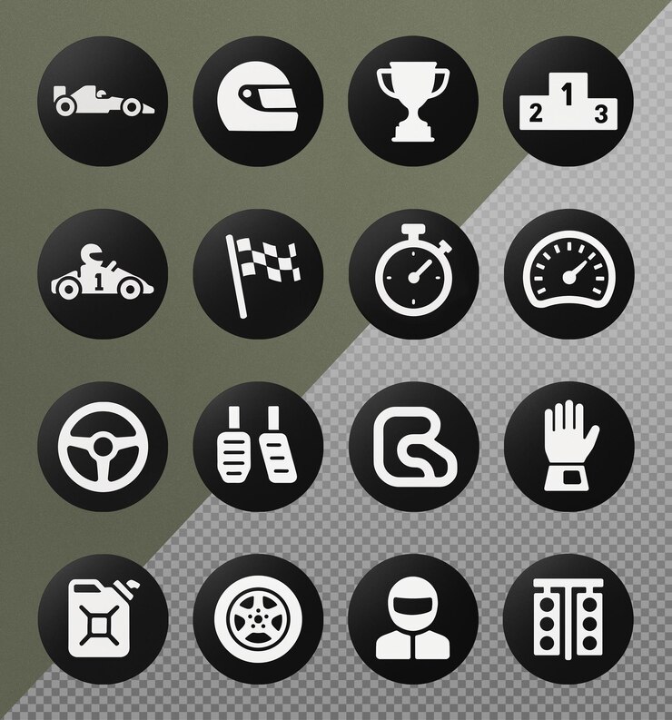 PSD motorsport icons set race cars helmets trophies and racing elements