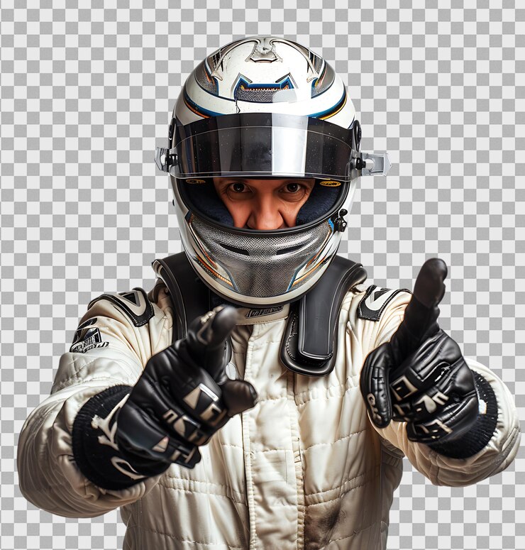 Motorsport racer pointing on transparent background