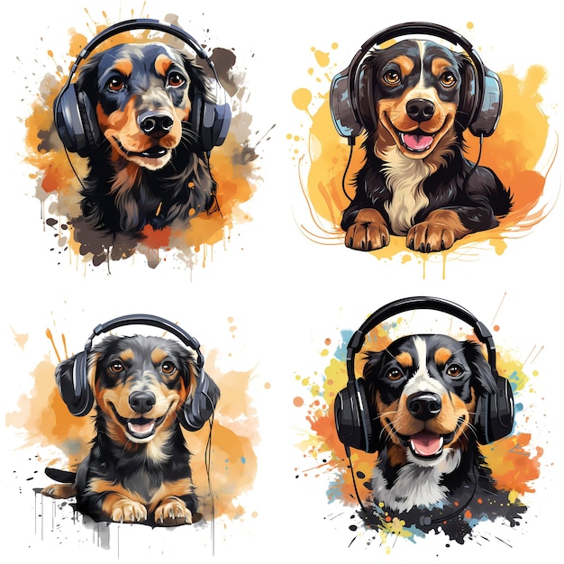 PSD illustrazioni macchiate di adorabili dachshunds con cuffie