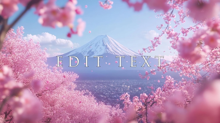 PSD フジ山の頂上は雪に覆われピンクの桜がく花びらが落ちて静かな風景を生み出しています