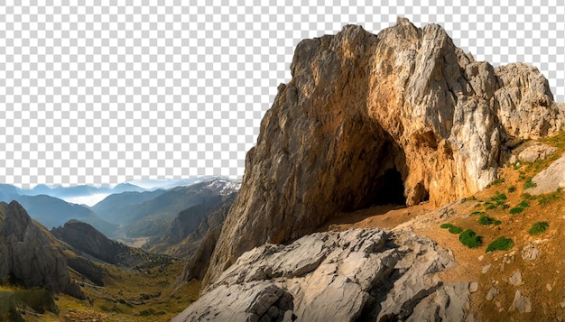 Paesaggio di montagna con una grotta isolata su uno sfondo trasparente