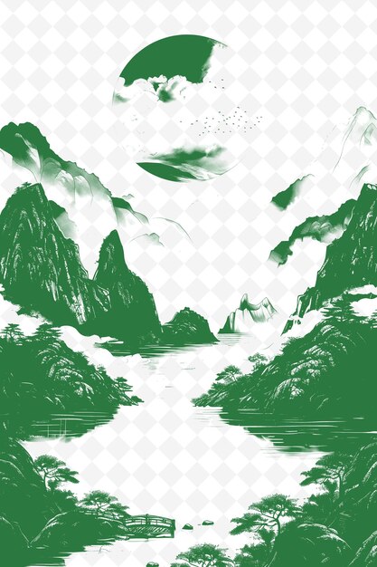 PSD mountain landscape with cloud formations traditional ink pai illustration outline art collections