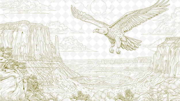 PSD paesaggio di montagna con aquile e canyon navajo pittura di sabbia illustrazione contorno collezioni d'arte