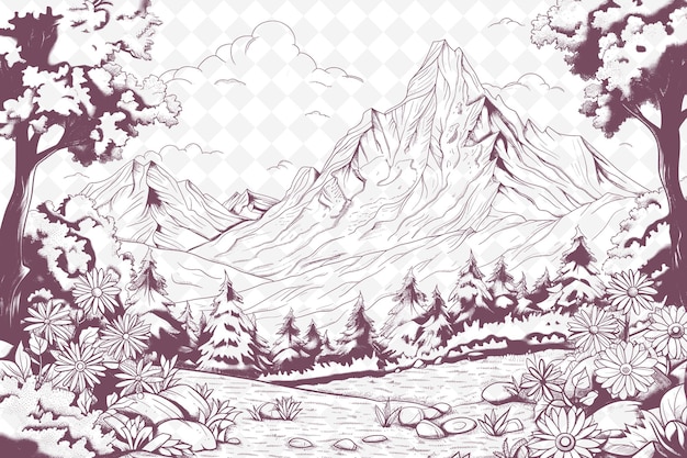 PSD paesaggio di montagna con ibex e ghiacciai swiss alpine frame illustration outline art collections
