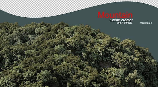 A mountain with many trees multiple views