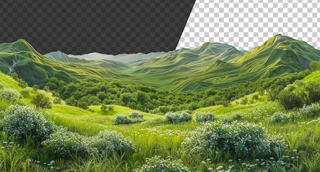 PSD montagne con alberi di conifere su uno sfondo trasparente stock png