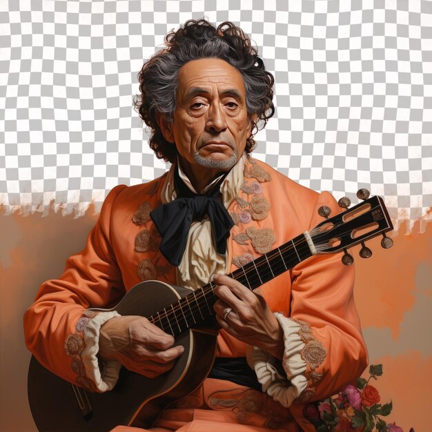 PSD a mournful middle aged man with kinky hair from the native american ethnicity dressed in playing musical instruments attire poses in a gentle hand on cheek style against a pastel apricot bac