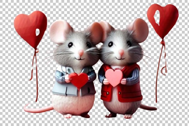 PSD mouse couple holding red heart shaped balloon