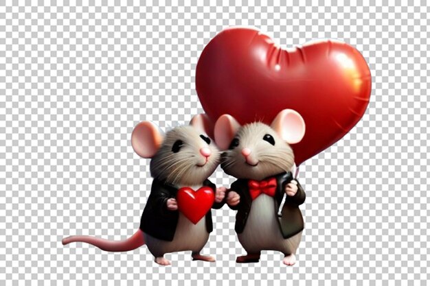 PSD mouse couple holding red heart shaped balloon