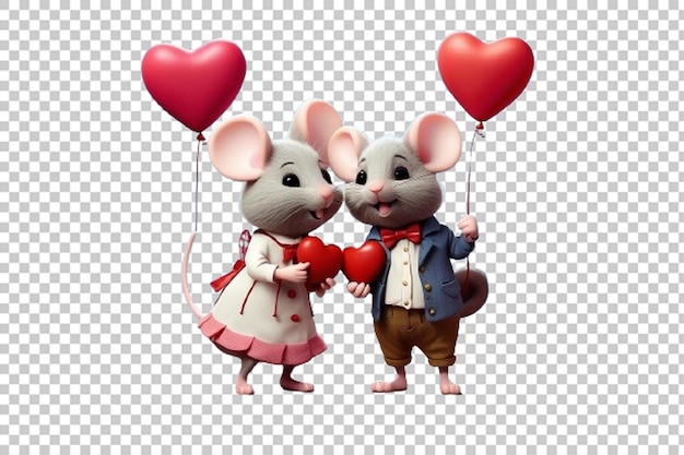 PSD mouse couple holding red heart shaped balloon