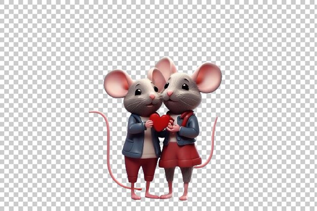 PSD Мышиная пара держит красный воздушный шар в форме сердца