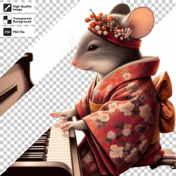 PSD a mouse sits on a piano with a picture of a mouse on it