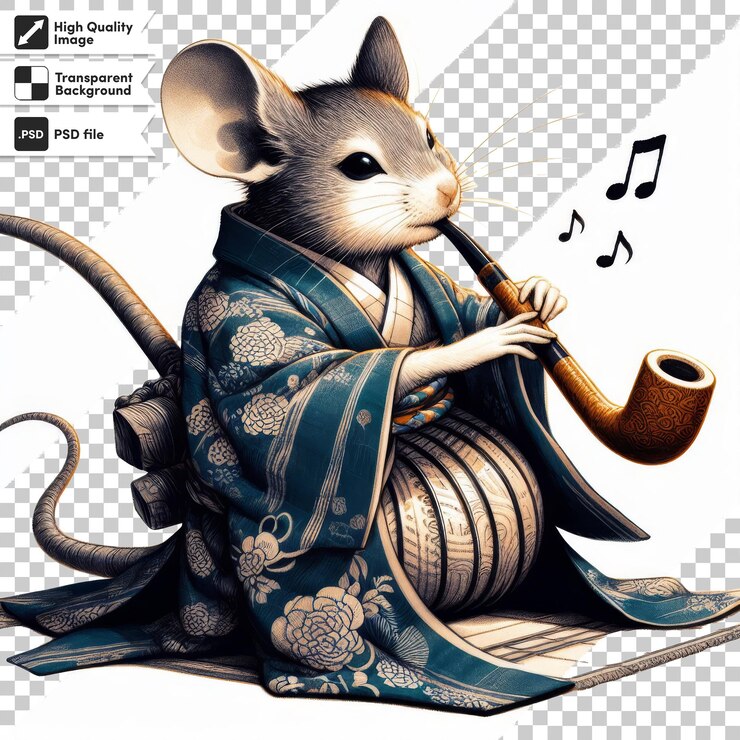 PSD a mouse with a mouse in its mouth and a mouse in a kimono