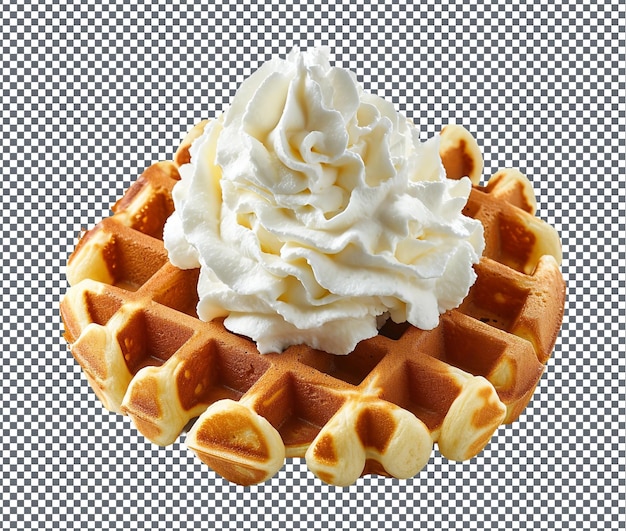 Waffle belga ad acqua per la bocca con panna montata isolata su sfondo trasparente