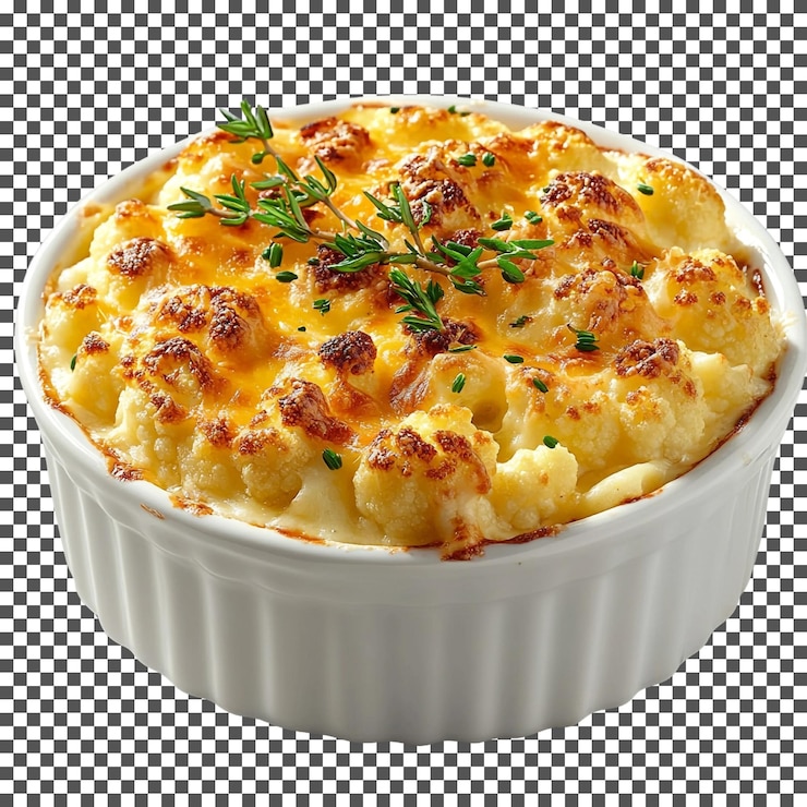 PSD mouth watering cauliflower gratin with cheese isolated on transparent background