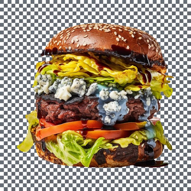 Mouthwatering blue cheese burger on a transparent background