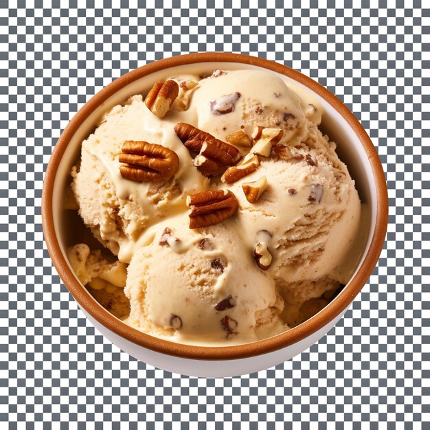 Mouthwatering butter pecan ice cream with buttery pecans in a bowl against a transparent background