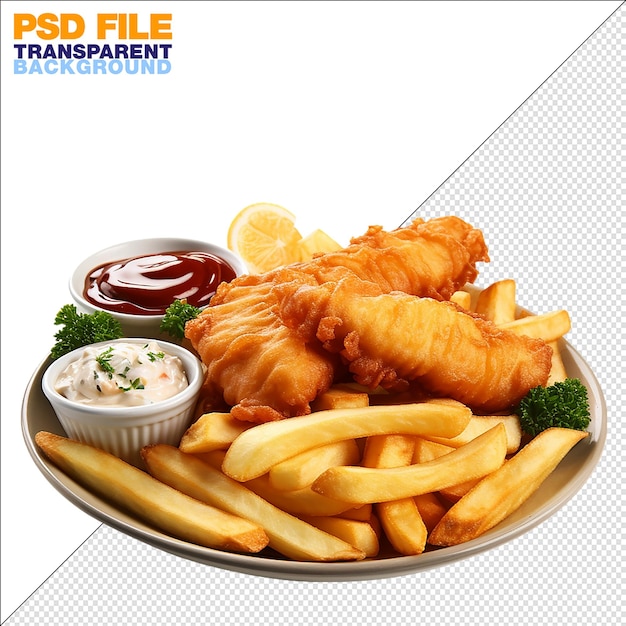 PSD a mouthwatering scene showcasing fish and chips isolated on transparent background