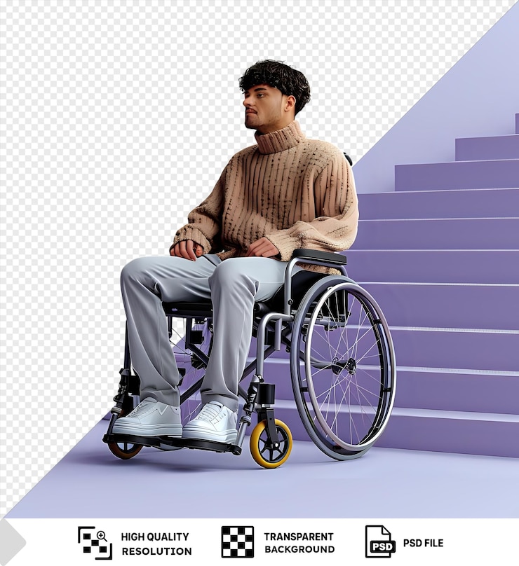 PSD movement limitation wheelchair users navigate a staircase against a purple wall with a man in a black wheelchair and a white shoe visible in the foreground while a black and yellow wheel adds png psd