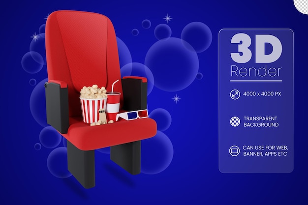 PSD movie chair 3d glasses and popcorn bucket 3d illustration