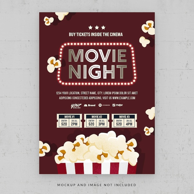 Шаблон флаера movie night cinema в psd-теме popcorn