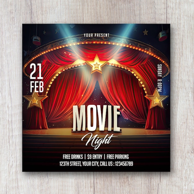 Movie night square flyer social media design banner post