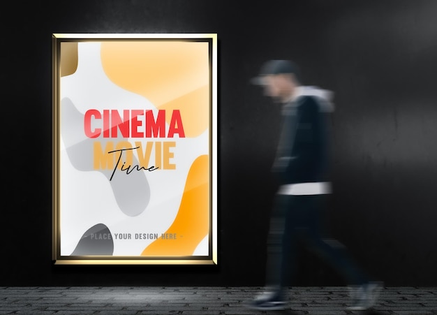 Movie poster street mockup with frame gold