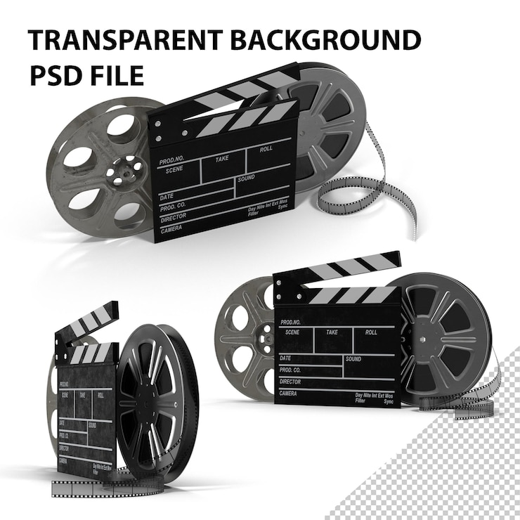 PSD movie reels and clapperboard png
