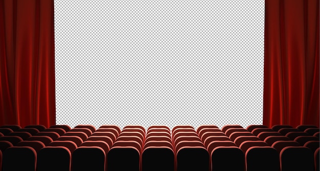 Кинозал с белыми экранами, красными занавесками и рядами сидений, вид сзади, 3D-рендеринг, премьера фильма, роскошный классический интерьер со светлым пустым экраном и спинками стульев