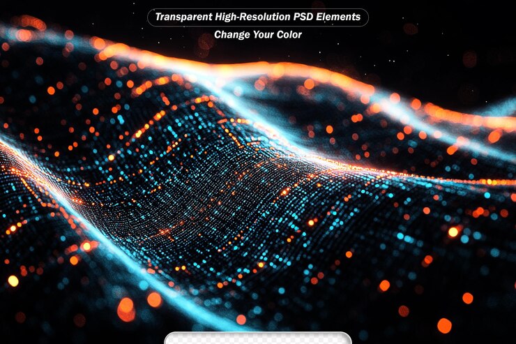 PSD moving neon blue and orange wireframe pattern forming a digital network connection